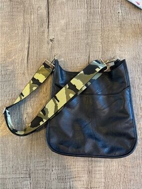 Ah Dorned Black Vegan Leather Crossbody Bag with Camouflage Strap